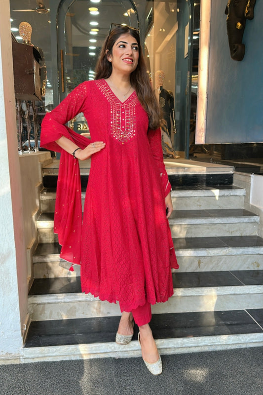 3pc Schiffli Cotton Partywear Anarkali Set