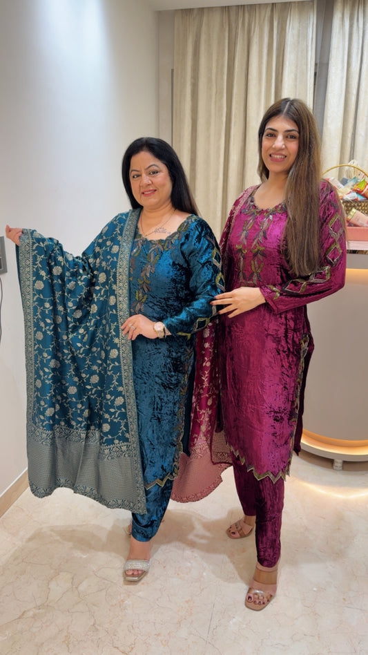 Imported -valvet 3pc suit all handwork with banarasi dupatta