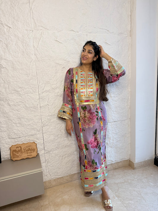 Floral crepe celebrity inspired dress with lace work on neck line & sleeves with side slit