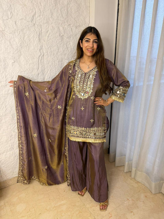 Pure shimmer tissue 3pc,set all original mirror work with divider plazo