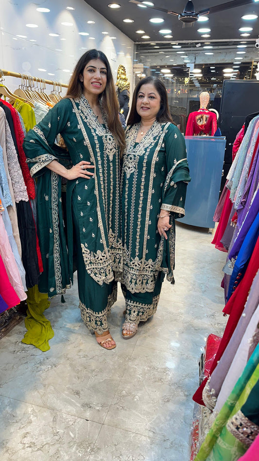 Chinon 3pc set partywear with plazo nd dupatta four side border
