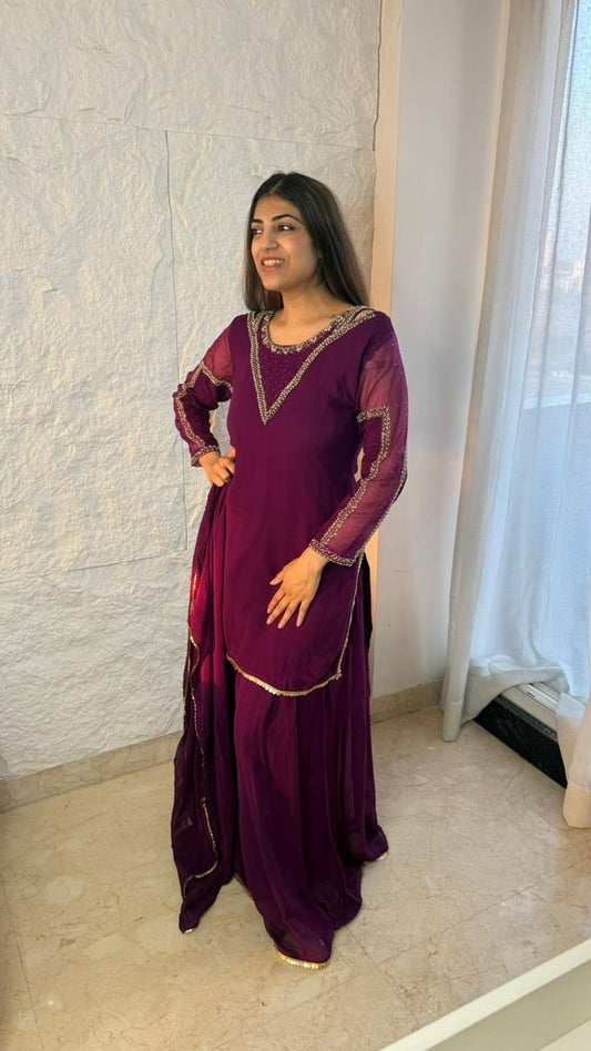 Pure viscose georgette, 3pc partywear suit- with neck line all over sleeves handwork