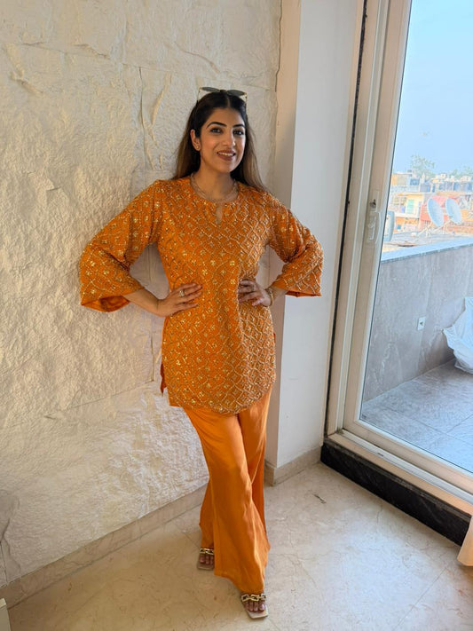 Pure shimmer tissue 2pc,co-ord , in shirt and sleeves all over handwork back plain with bell bottom