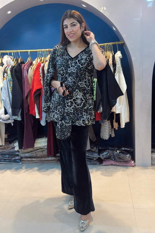 2pc Velvet  Partywear Co-ord Set With Potli