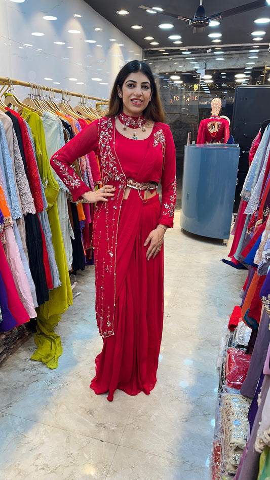Viscose georgette ready to wear saree with detechable cap nd neck pc