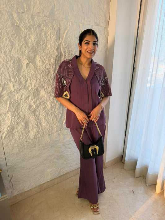 Moss crepe fabric 2pc,co-ord set designer sleeves with handwork