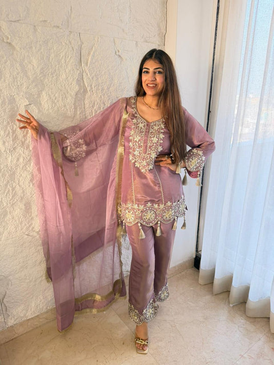 Pure shimmer tissue,3pc set - all gota patti nd mirror work with organza duppata