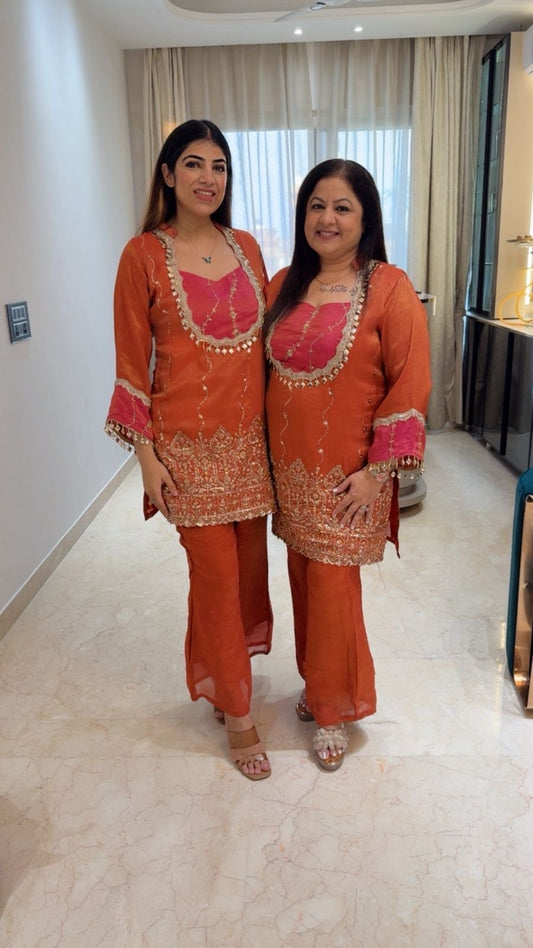 Simmar tissue partywear 2pc set all handwork with bell bottom plazo