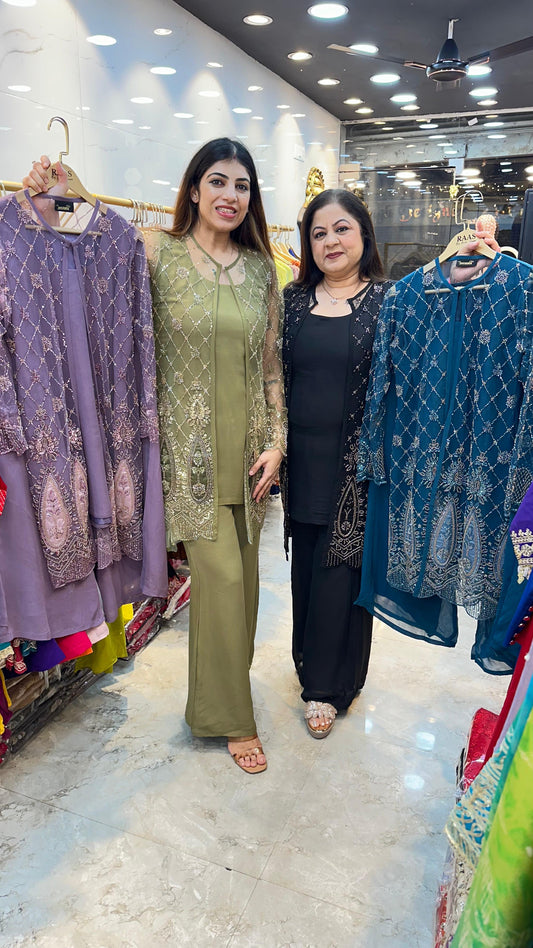 Viscose georgette indo-western 3pc set with net fabric jacket on all handwork front nd back