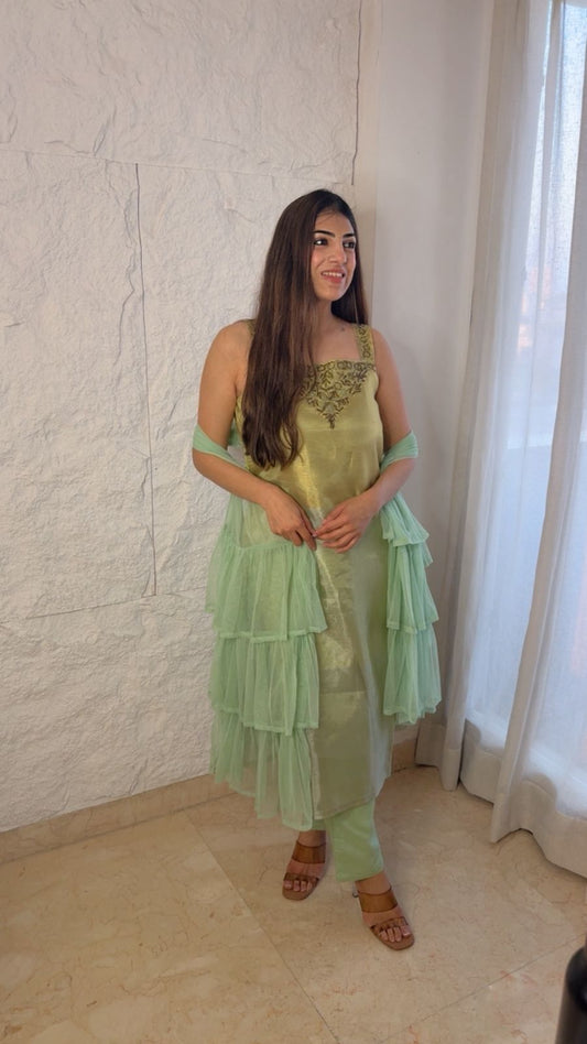 Banarsi double shaded 3 pc set with ruffle net dupatta With handwork on neckline