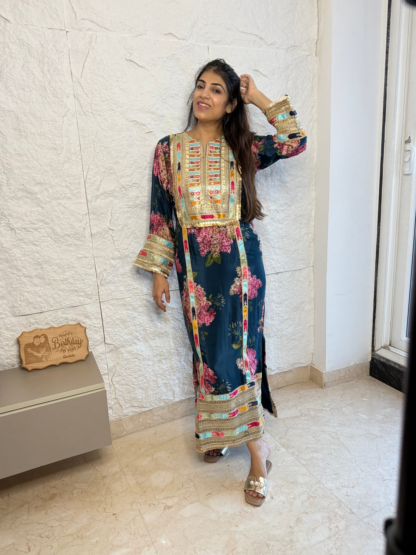 Floral crepe celebrity inspired dress with lace work on neck line & sleeves with side slit