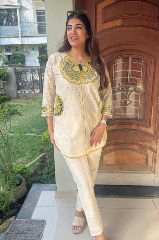 2pc Partywear Schiffli Co-ord Set Paired With Bell-bottom Pants