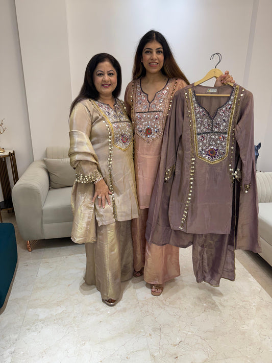 Shimmer tissue partywear 3pc suit handwork with divider palazzo
