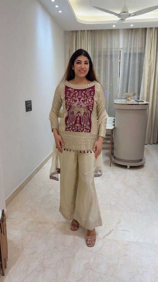 Simmar fabric 3pc set with bell bottom plazo and short shirt length