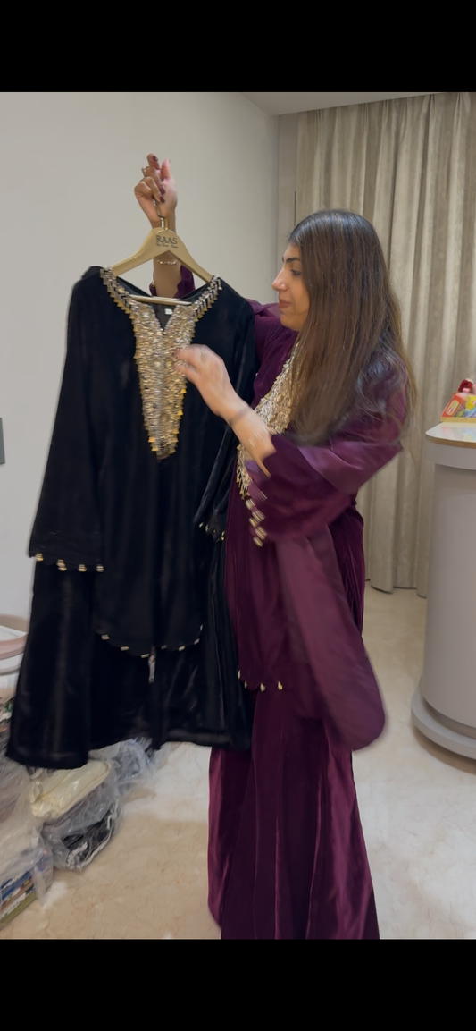 Valvet partywear 3 pc suit neck design all handwork with divider plazo