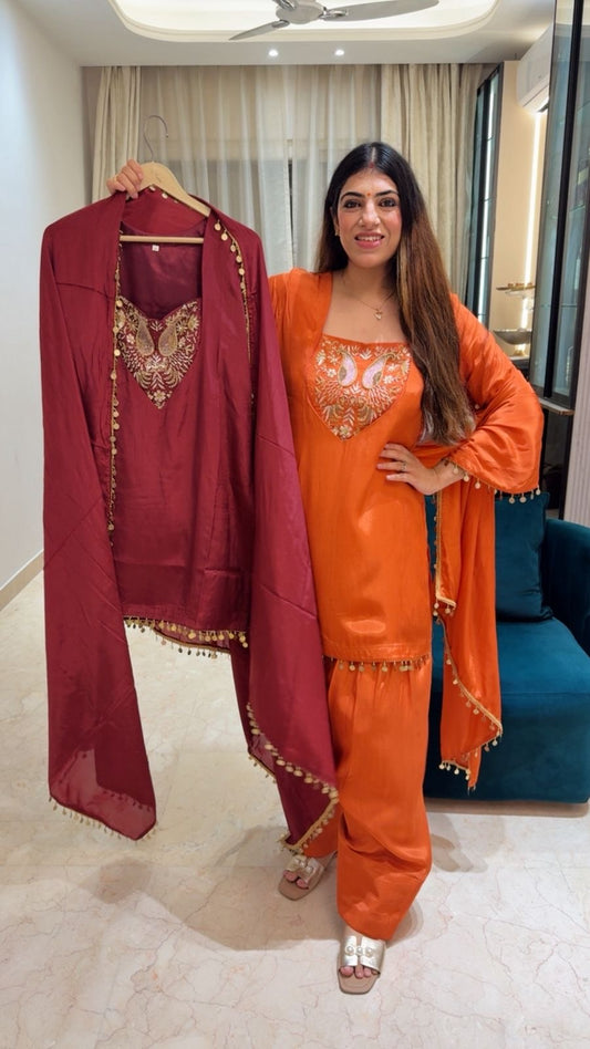 Pure crepe farshi salwar 3pc set with handwork on neck line