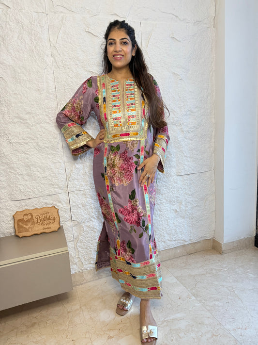 Floral crepe celebrity inspired dress with lace work on neck line & sleeves with side slit