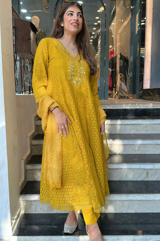 3pc Schiffli Cotton Partywear Anarkali Set