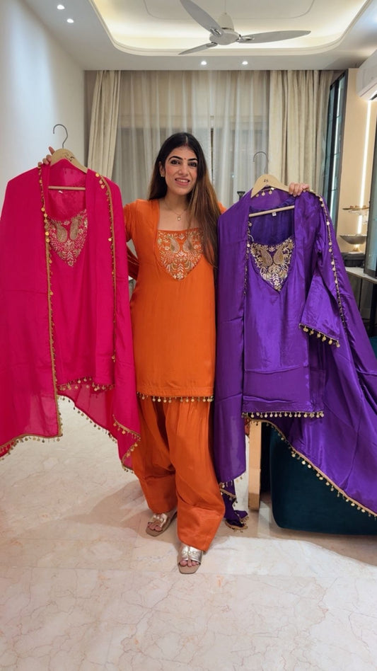 Pure crepe farshi salwar 3pc set with handwork on neck line