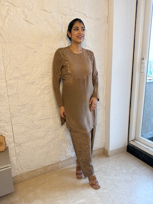 Pure crepe farshi salwar set with handwork