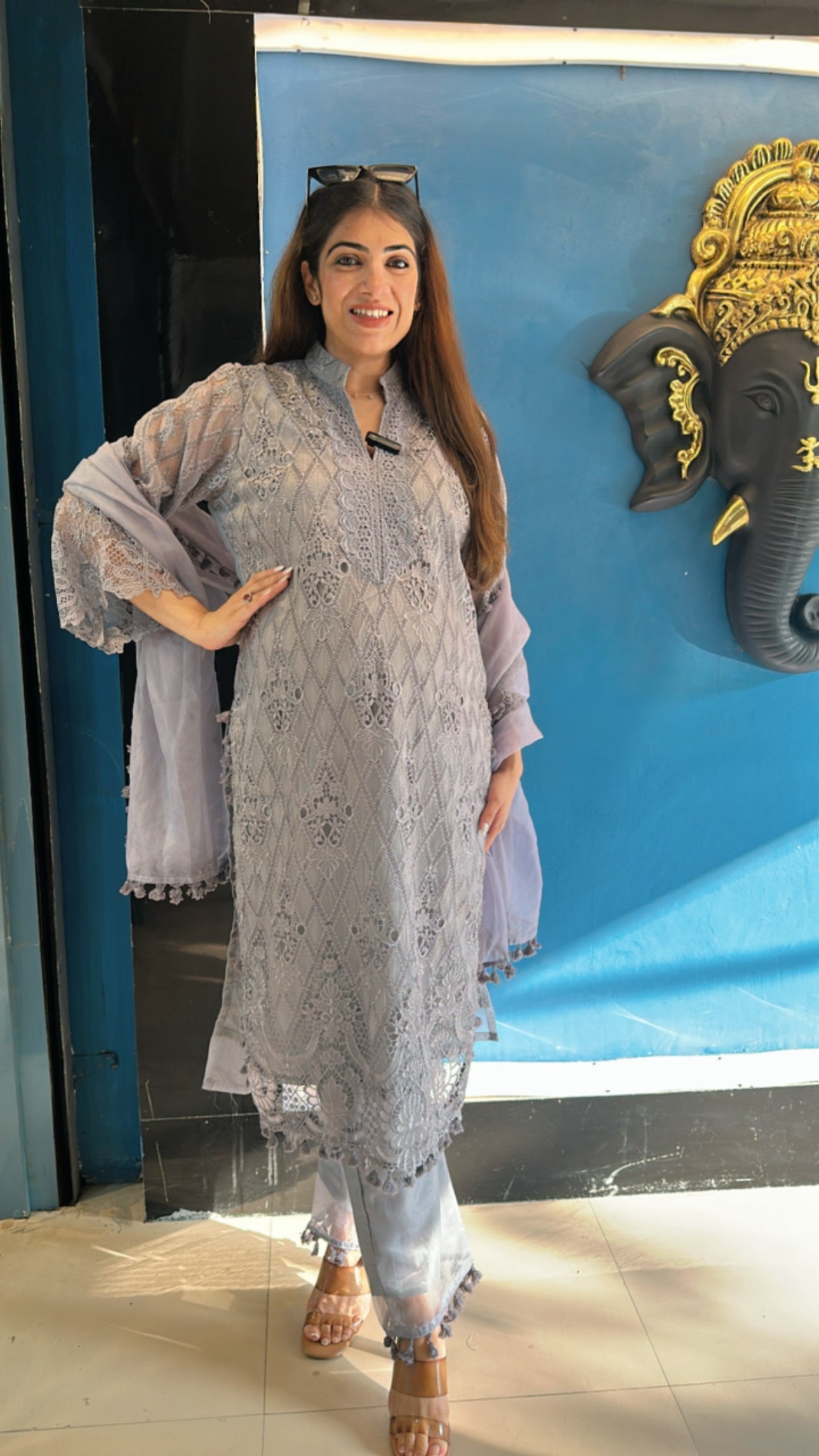 Organza Schiffli Suit with Organza Dupatta with Tassel