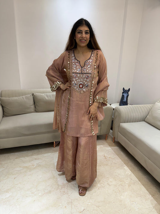 Shimmer tissue partywear 3pc suit handwork with divider palazzo