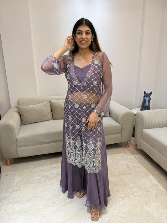 Viscose georgette inner and plazo with net fabric jacket all handwork with bell sleeves