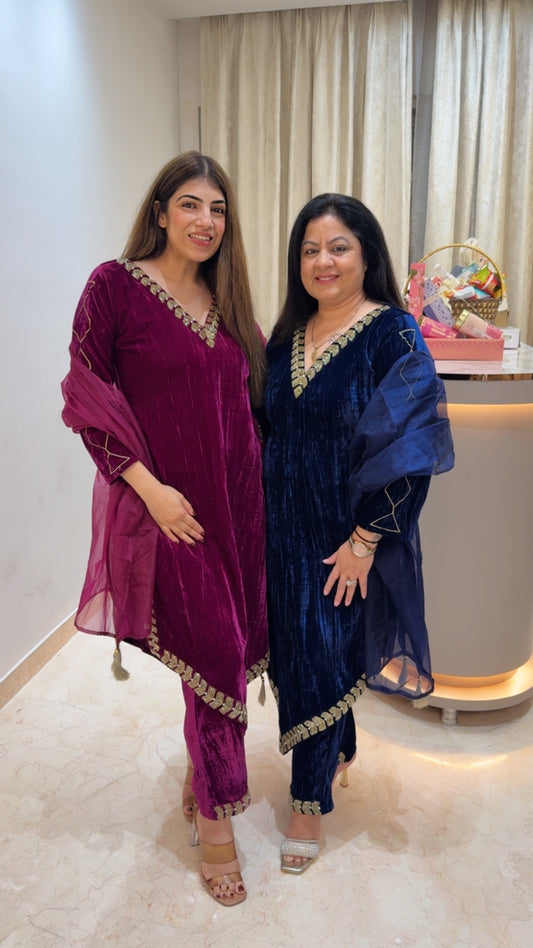 Imported-crushed valvet 3pc suit all handwork with organza dupatta