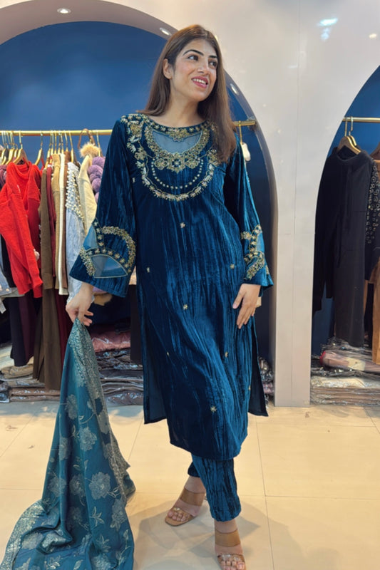 3pc Velvet Pakistani Suit With Banarasi Dupatta