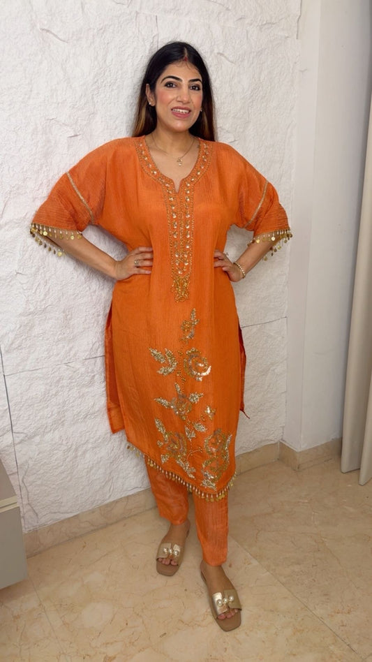 Phiran style 2pc set simmer tissue crushed fabric and all handwork