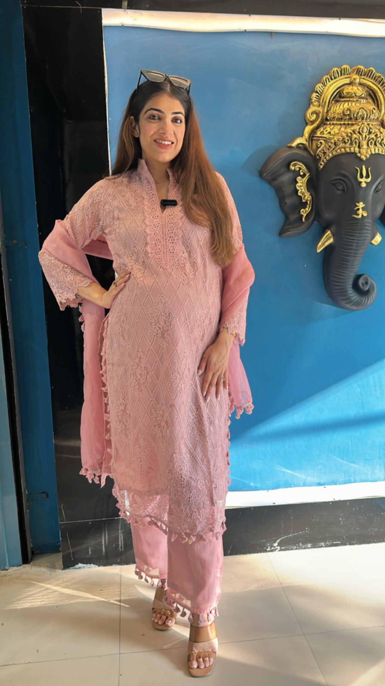 Organza Schiffli Suit with Organza Dupatta with Tassel