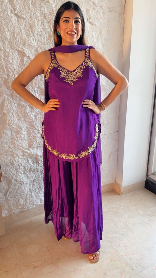 Pure Chinon sharars with apple cut shirt with dupatta and all handwork with sleeves fabric