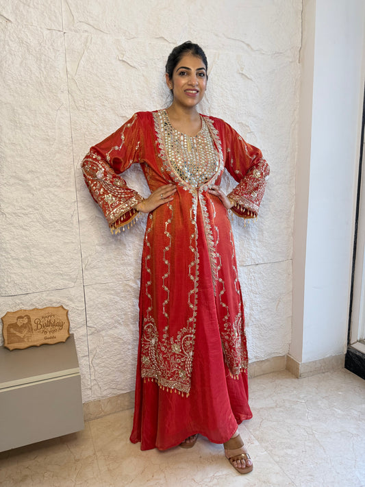 Rust shimmer tissue 2 pc dress with handwork jacket