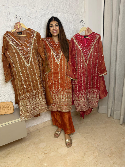 Shimmer tissue embroidered partywear 3pc suit with bell bottom plazo