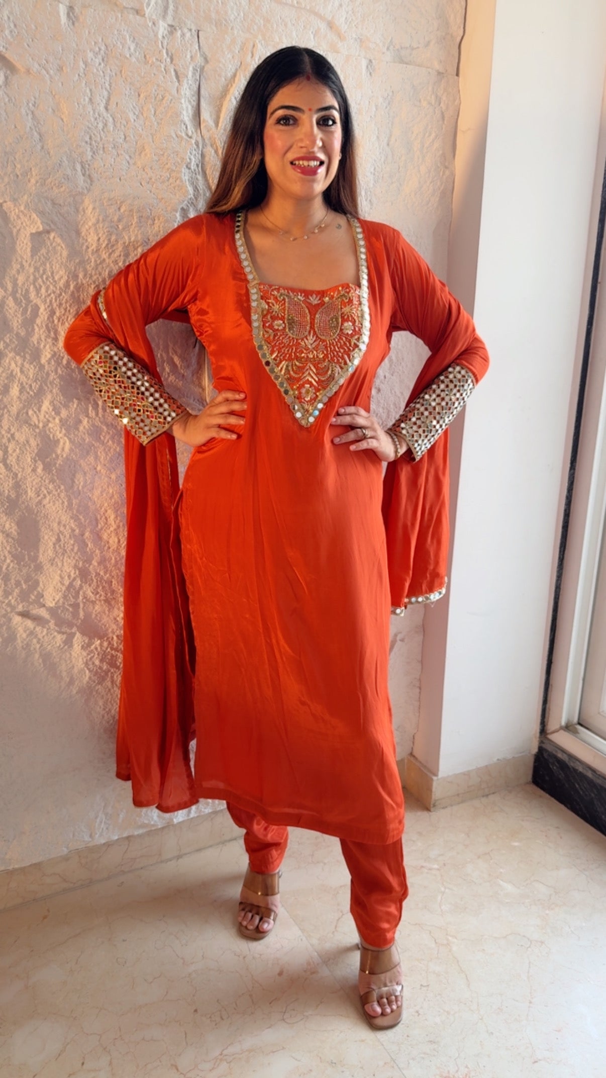 Pure crepe 3 pc suit with complete handwork on neck line and real mirror detailing on sleeves with potli buttons