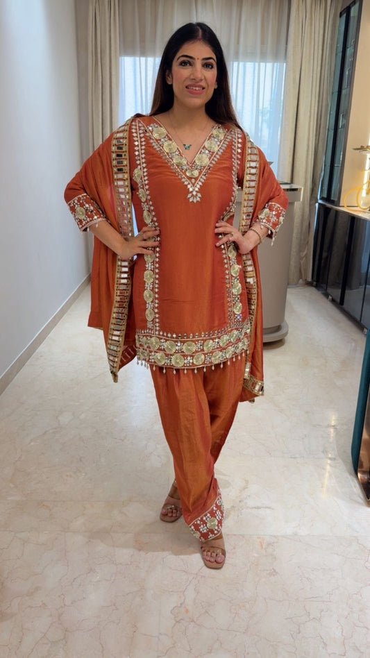 Simmar tissue partywear farshi salwar 3pc set with gota patti and mirror work
