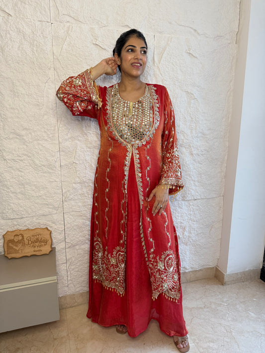Rust shimmer tissue 2 pc dress with handwork jacket