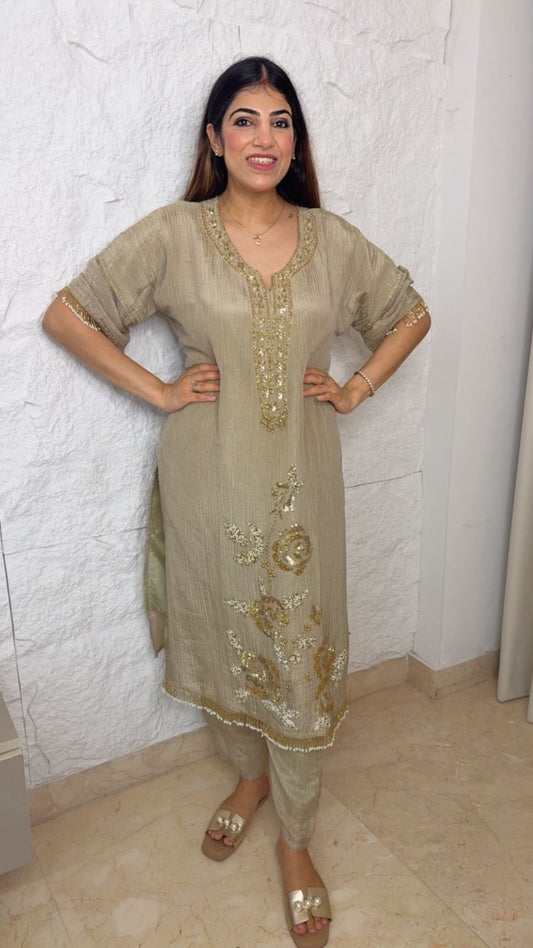 Phiran style 2pc set simmer tissue crushed fabric and all handwork