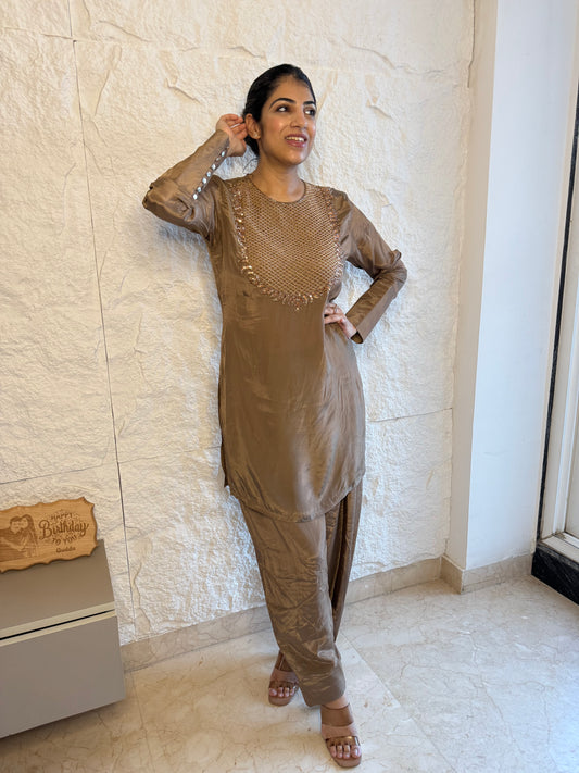 Pure crepe farshi salwar set with handwork