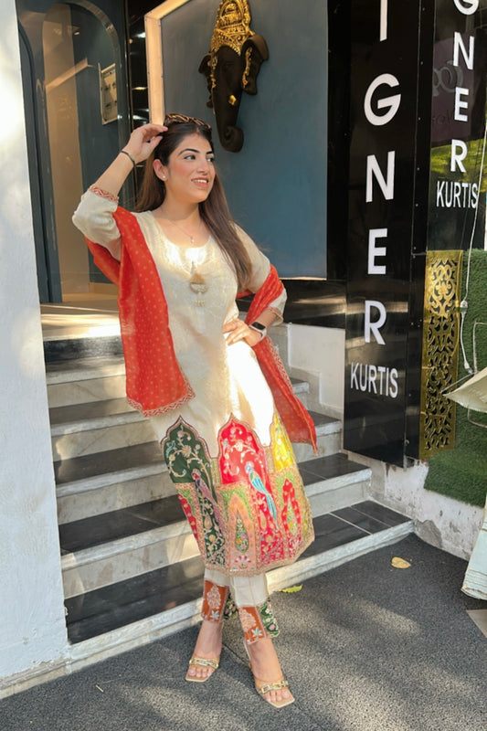 3pc Banarsi Silk Partywear Suit With Bandhani Print Tissue Dupatta