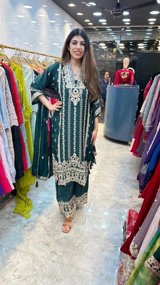 Chinon 3pc set partywear with plazo nd dupatta four side border
