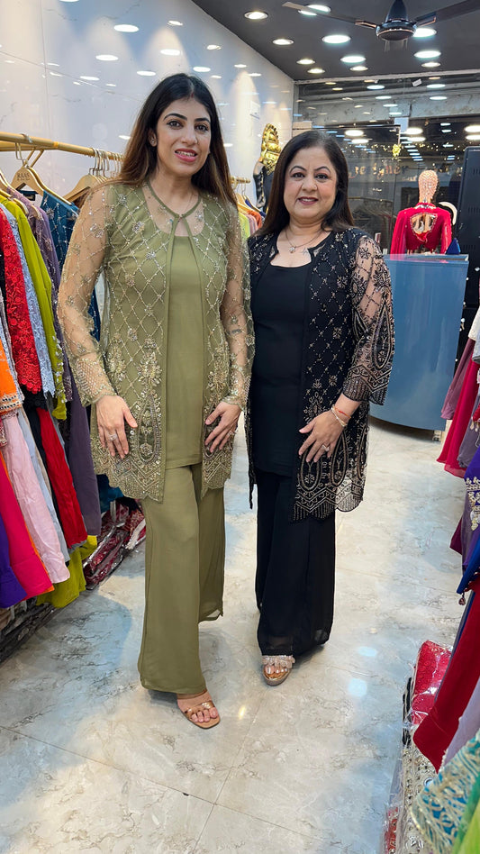 Viscose georgette indo-western 3pc set with net fabric jacket on all handwork front nd back