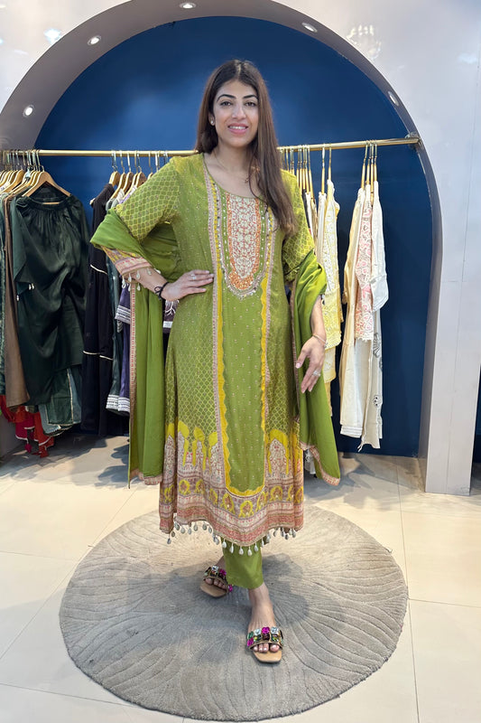 3pc Cotton-Muslin A-line Partywear Suit