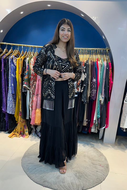 3pc Partywear Indo-western Set With Sequence Work On Choli And Jacket Paired With Sharara