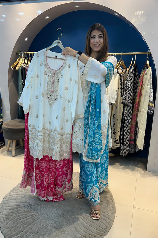 3pc Chinon Partywear Suit Paired With Bandhani Plazzo And Bandhani Dupatta