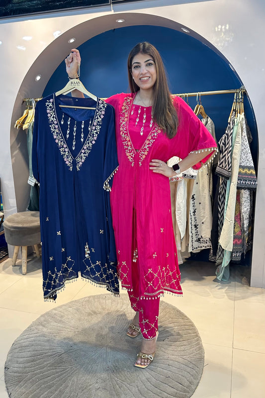 3pc A-line Crepe Partywear Set With Choli And Attached Cape