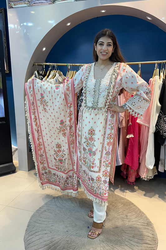 3pc Cotton-Muslin Printed Suit With Printed Dupatta