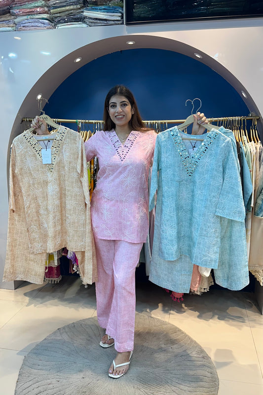 2pc Cotton Embroidered Co-ord Set Paired With Printed Plazzos