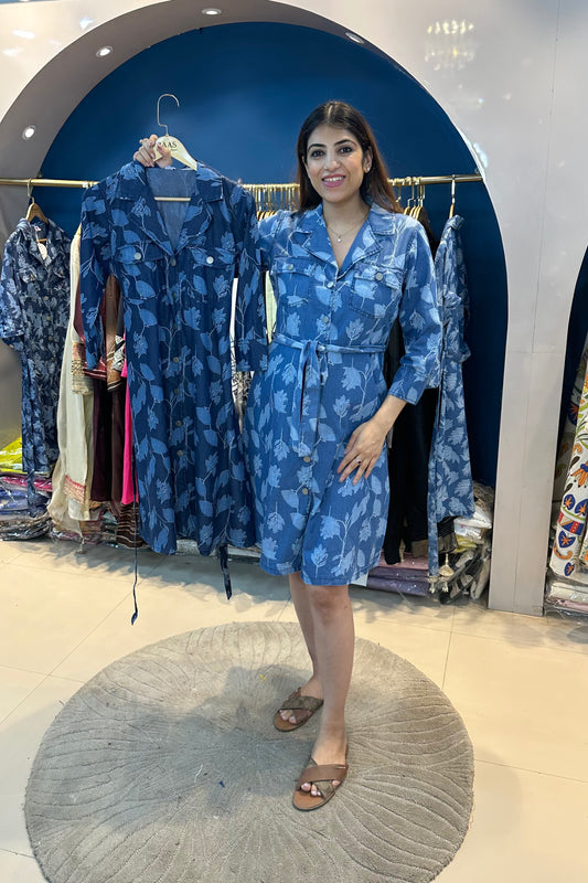 One Piece Cotton Denim Cargo Dress With Belt