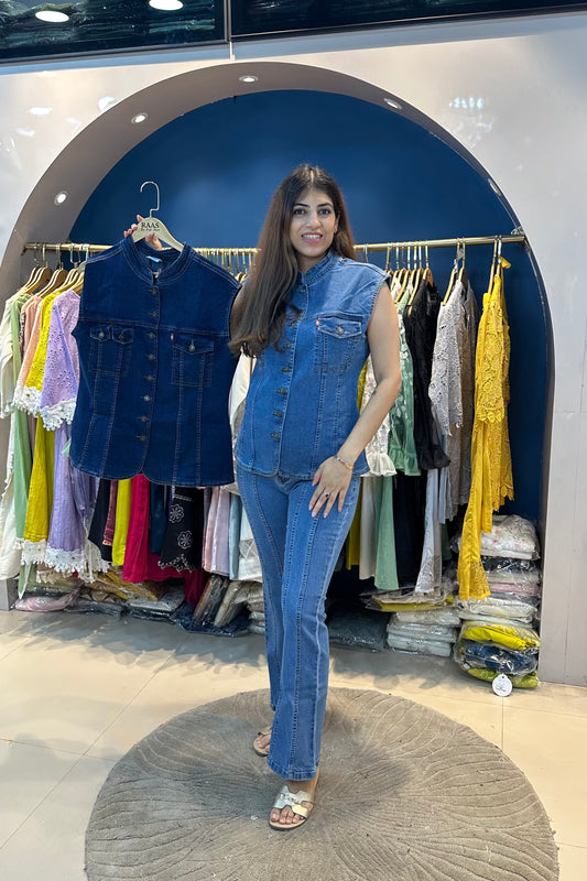 2pc Sleeveless Cargo Denim Stretchable Co-ord Set Paired with Bell-bottom Pants